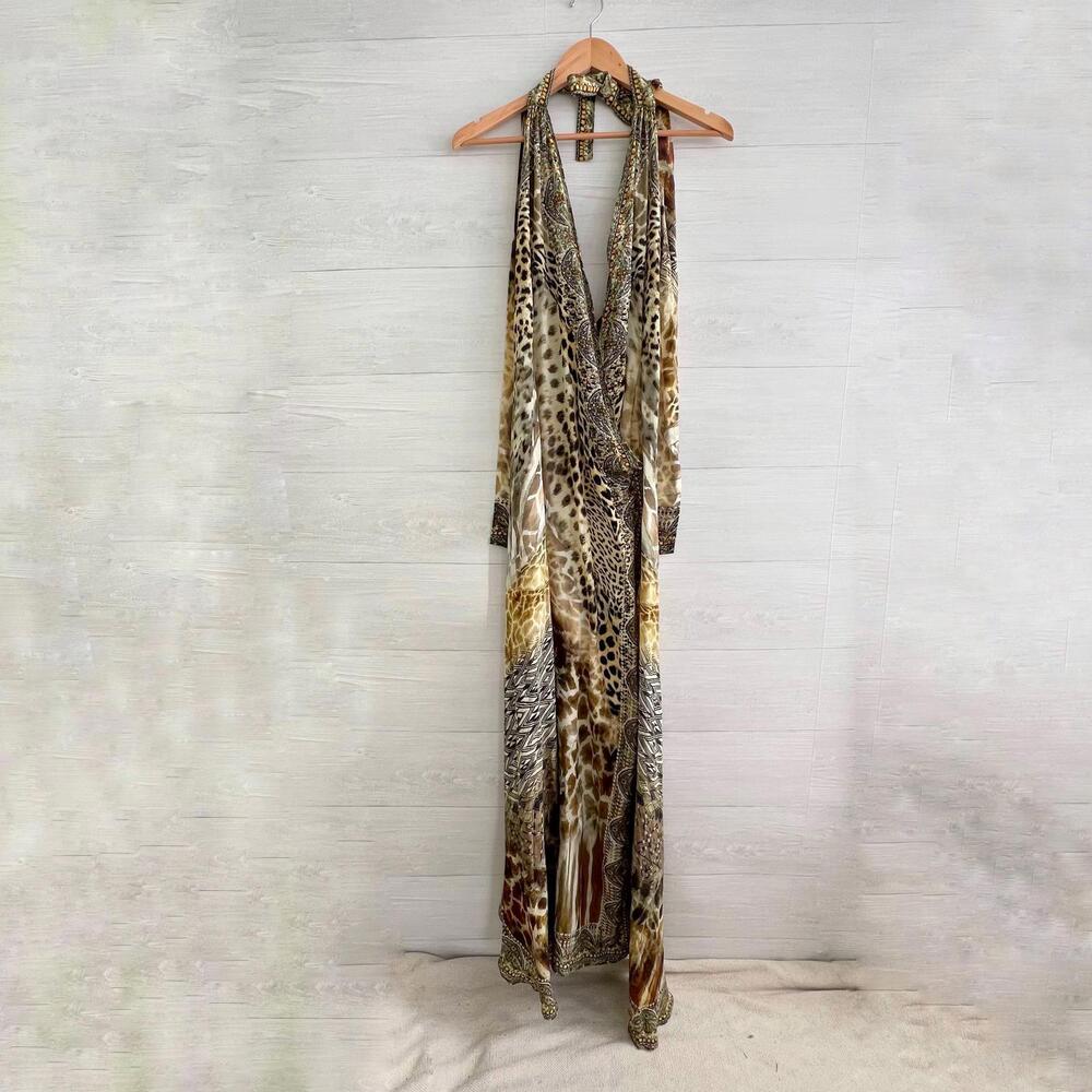 Camilla - Animal print silk embellished maxi halter dress, L - Picture 7 of 15